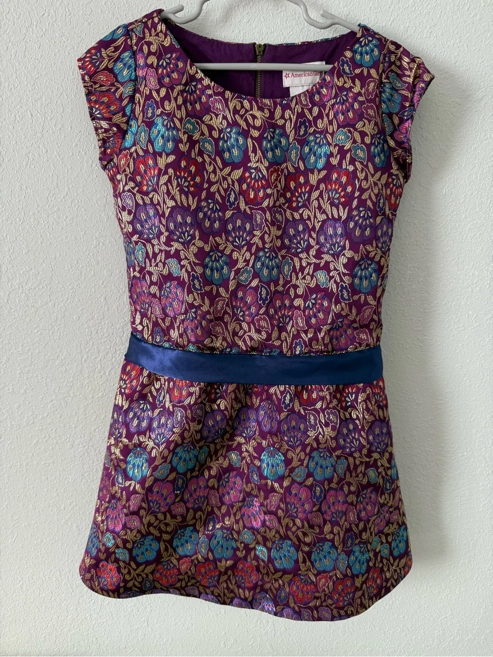 American Girl Floral Brocade Dress Size 7 Purple Blue Holiday Party Dress